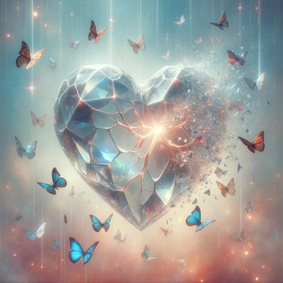 The primary subject of the image is a heart-shaped crystal, which is surrounded by a multitude of butterflies. The heart is made of crystals, and the butterflies are scattered around it, creating a visually appealing and whimsical scene. The setting is a space filled with a variety of butterflies, which adds to the overall atmosphere of the image. The visual style of the image is a combination of digital art and illustration, creating a unique and captivating scene.